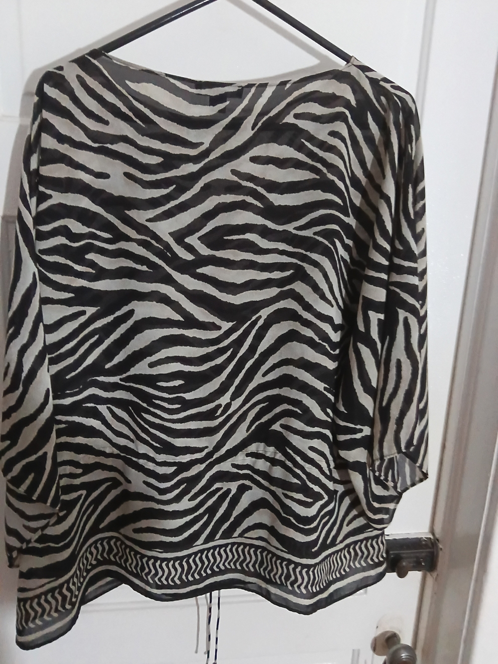 Chaps Black and Cream Zebra-Print Tunic Top
